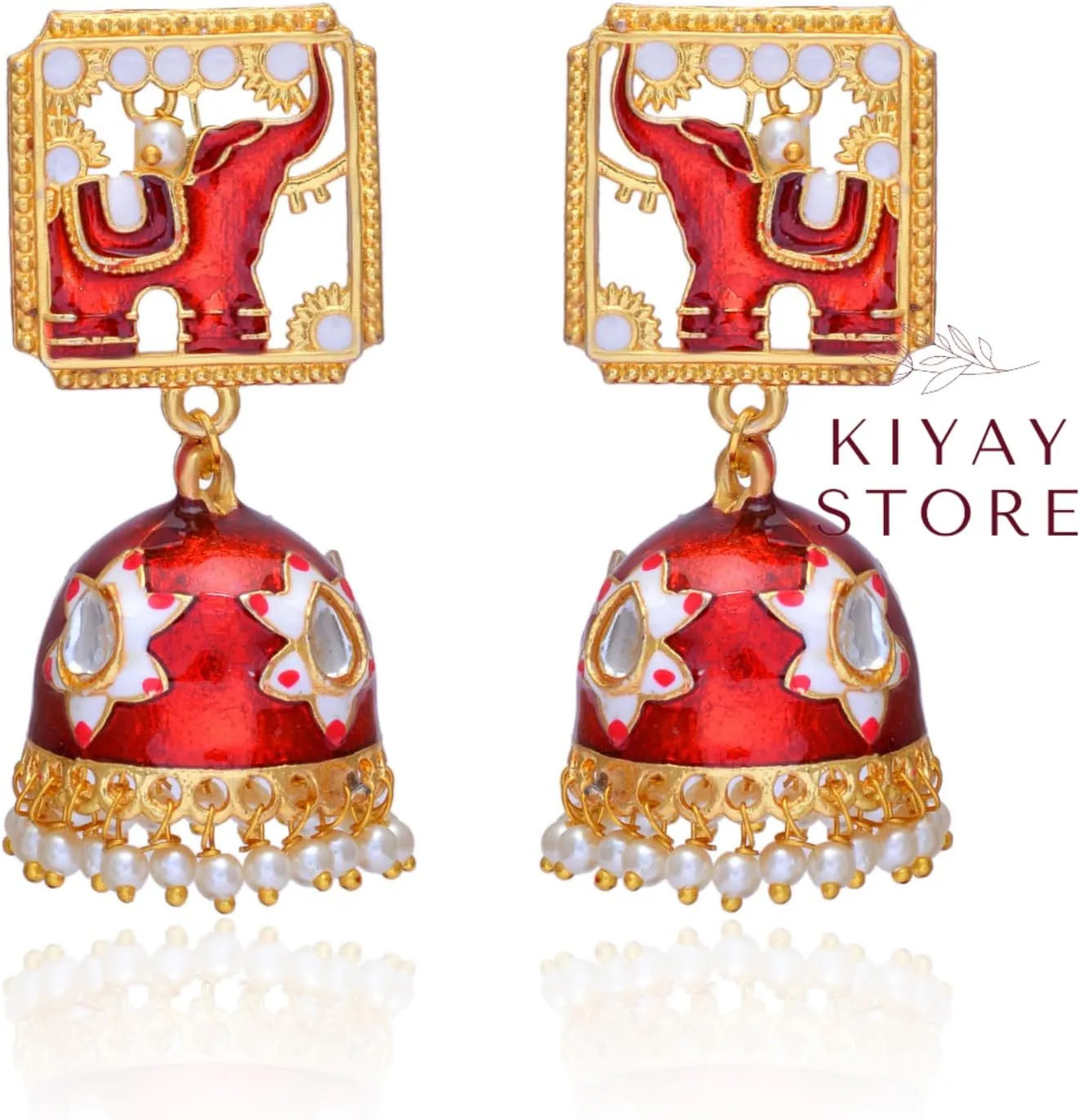 Traditional Indian Elephant Jhumka Earrings for Women, Red Enamel Gold-Plated Drop Dangle Jewelry, Pearl Beaded Ethnic Earrings