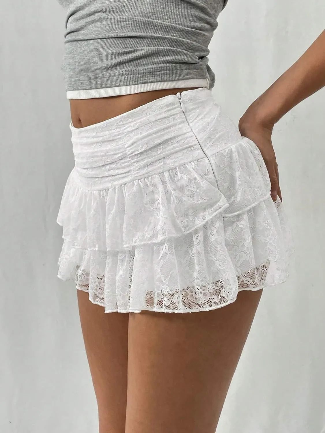 UAURORAO Women Cute Ruffle Bloomer Skirt Elastic Waist Layered Lace Mini Skort Puffy Pleated Aline Skater Skirts Shorts