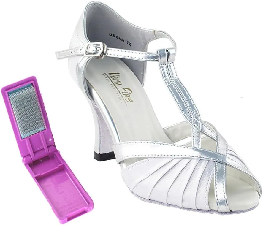 Very Fine Ballroom Latin Tango Salsa Dance Shoes for Women - 2707-2.5 Inch Heel and Foldable Dance Shoe Brush Bundle - White Satin - Size - 9
