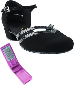 Very Fine Ballroom Latin Tango Salsa Dance Shoes for Women - 8881-1 inch Heel   Foldable Shoe Brush Bundle - Black Nubuck - 7.5