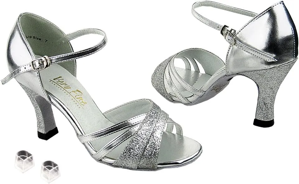 Very Fine Ladies Women Ballroom Dance Shoes EK6030 Silver Stardust & Silver Leather 2.5" Heel (7.5M)