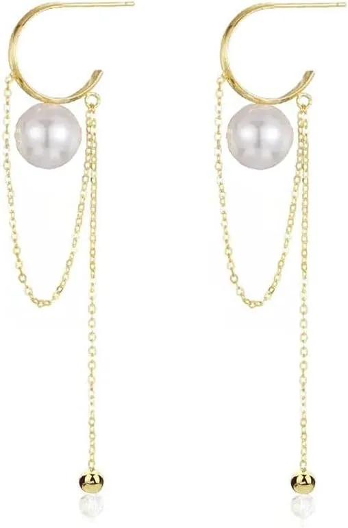 VIFE 14K Gold Plated Pearl Long Dangle Earrings Tassel Chain Open Earrings for Women Dangle Earrings Drops