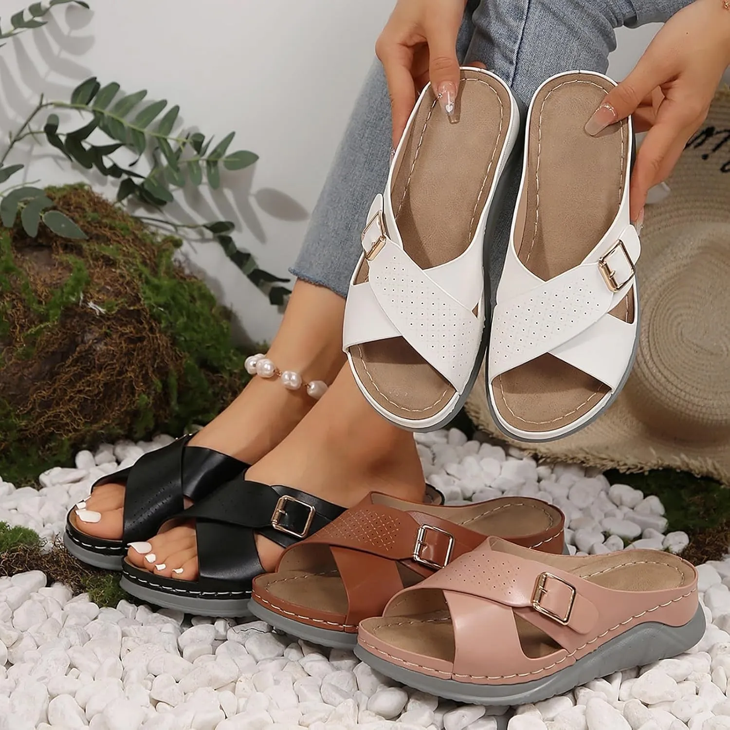 Wedge Sandals for Women Casual Summer Hollow Out Platform Orthopedic Sandals Slip On Beach Sandals Cross Strap Walking Shoes