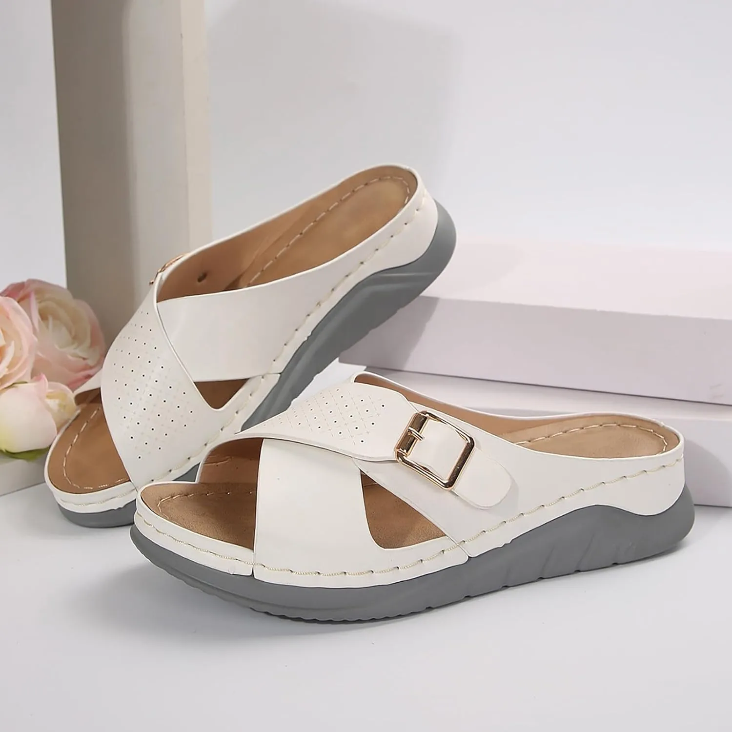 Wedge Sandals for Women Casual Summer Hollow Out Platform Orthopedic Sandals Slip On Beach Sandals Cross Strap Walking Shoes