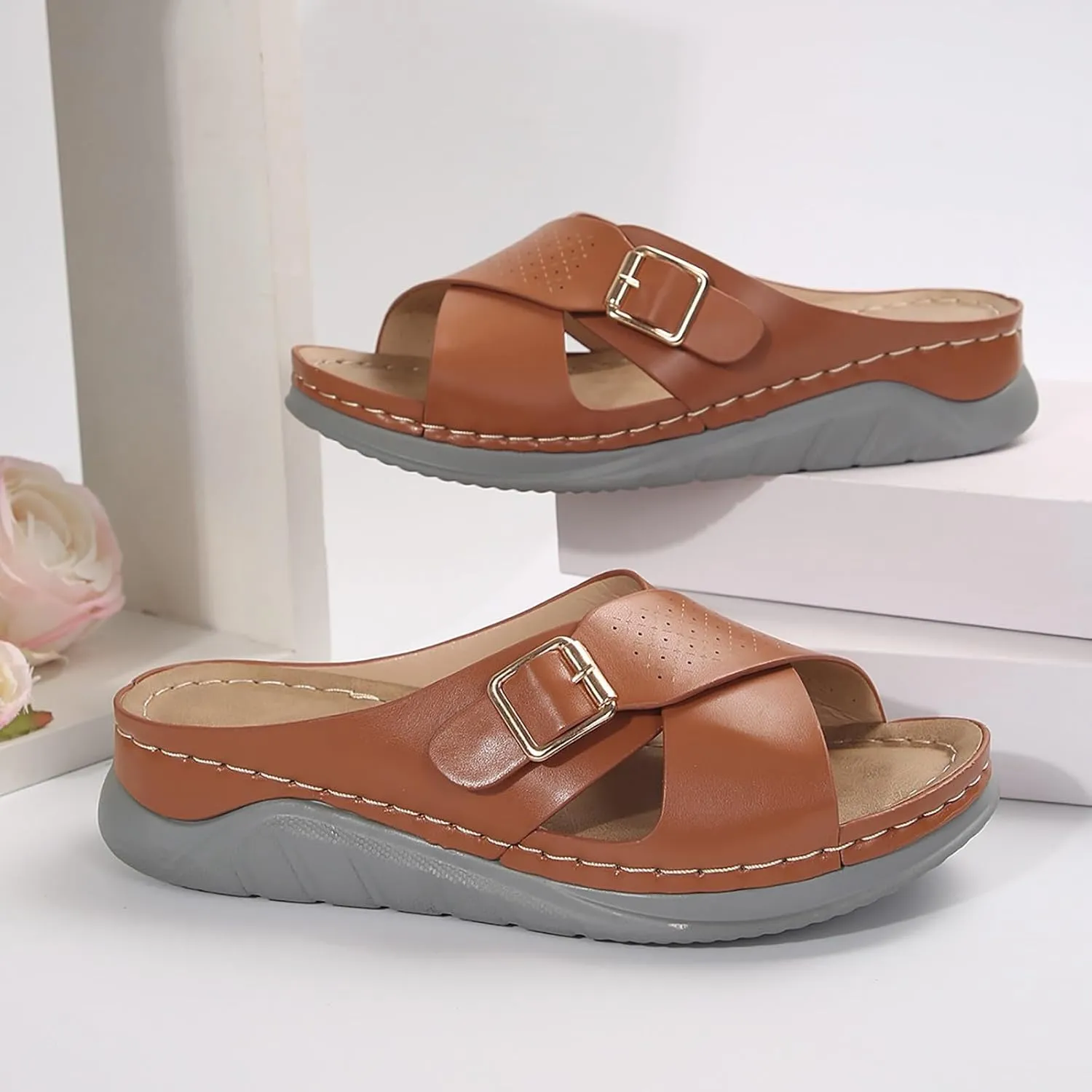 Wedge Sandals for Women Casual Summer Hollow Out Platform Orthopedic Sandals Slip On Beach Sandals Cross Strap Walking Shoes