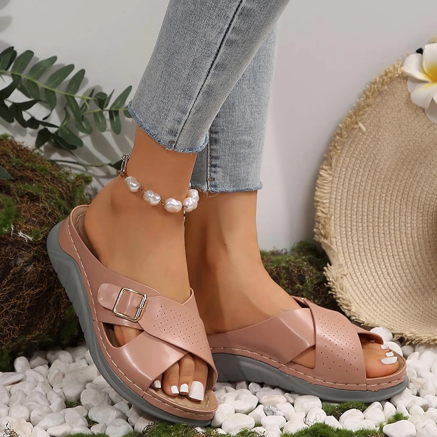 Wedge Sandals for Women Casual Summer Hollow Out Platform Orthopedic Sandals Slip On Beach Sandals Cross Strap Walking Shoes