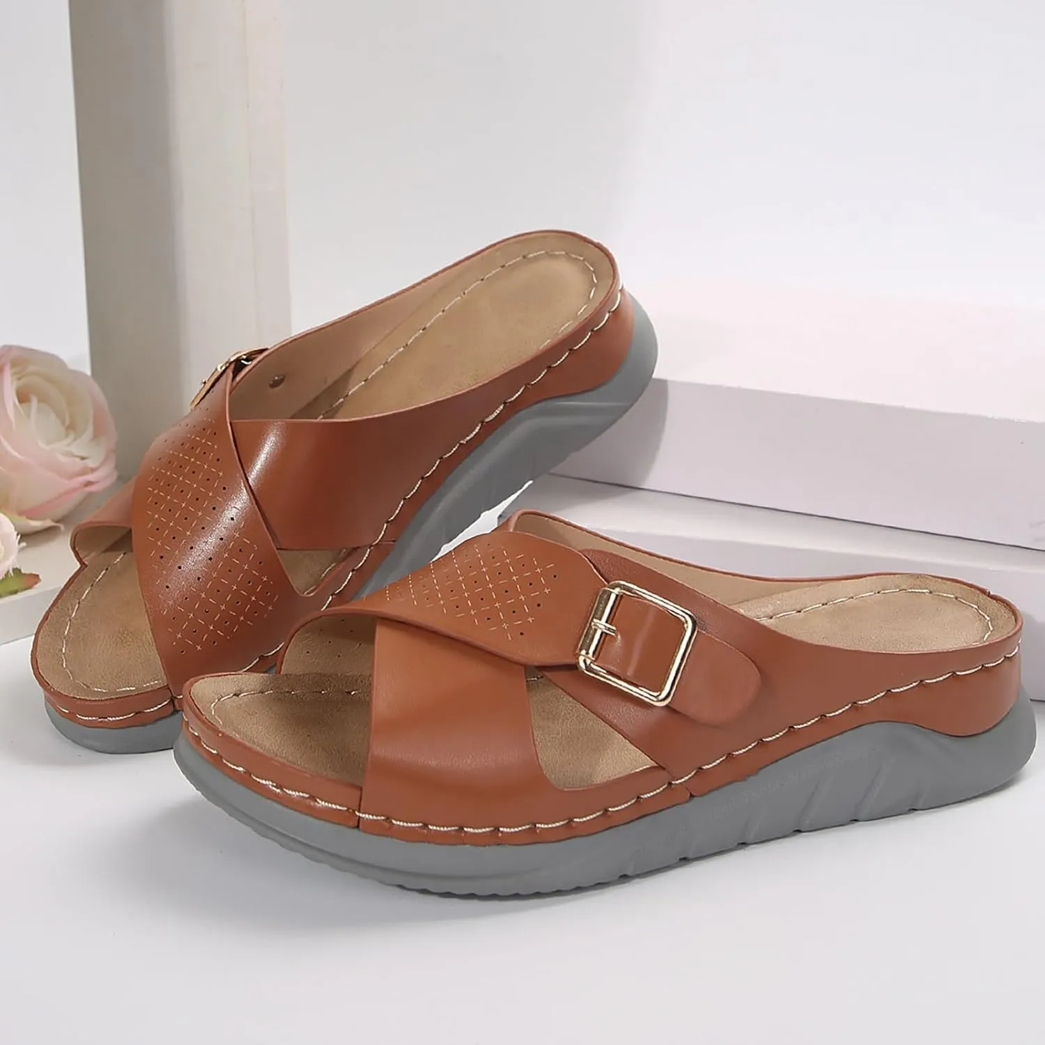 Wedge Sandals for Women Casual Summer Hollow Out Platform Orthopedic Sandals Slip On Beach Sandals Cross Strap Walking Shoes