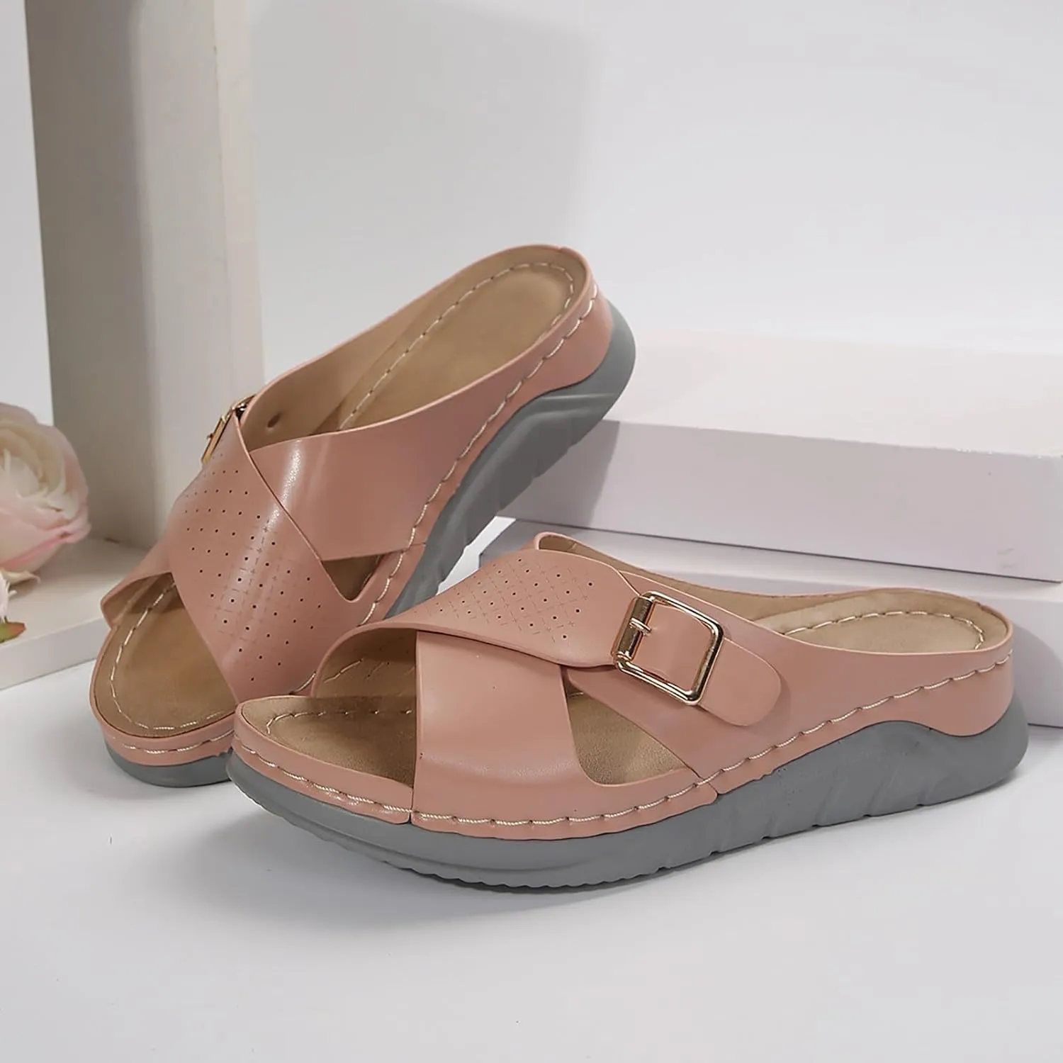 Wedge Sandals for Women Casual Summer Hollow Out Platform Orthopedic Sandals Slip On Beach Sandals Cross Strap Walking Shoes
