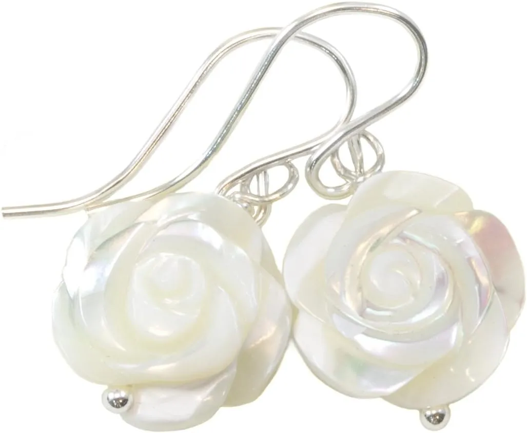 White Mother of Pearl Earrings Carved Rose Flower MOP Dangle Drops Simple Dangles