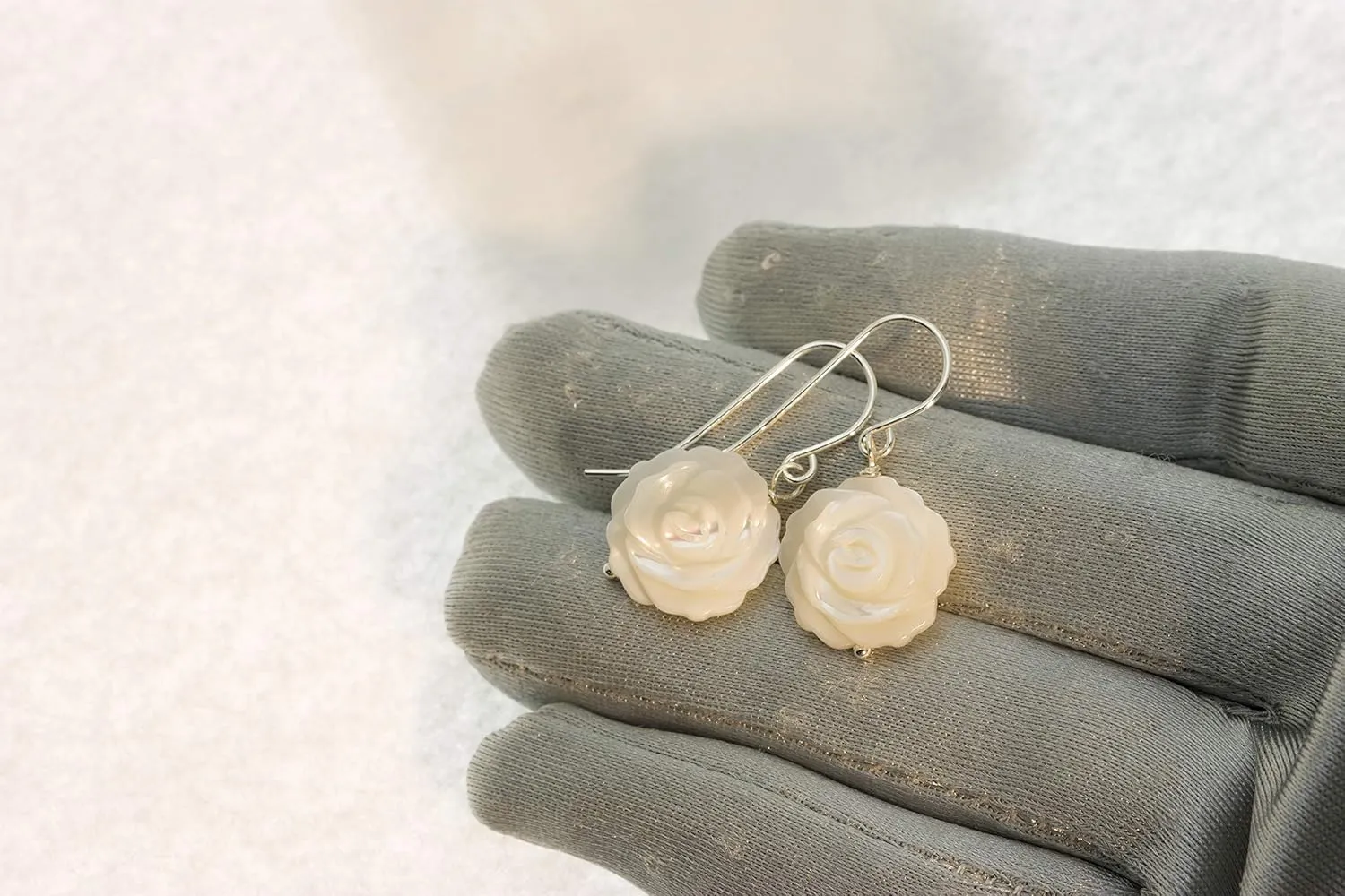 White Mother of Pearl Earrings Carved Rose Flower MOP Dangle Drops Simple Dangles