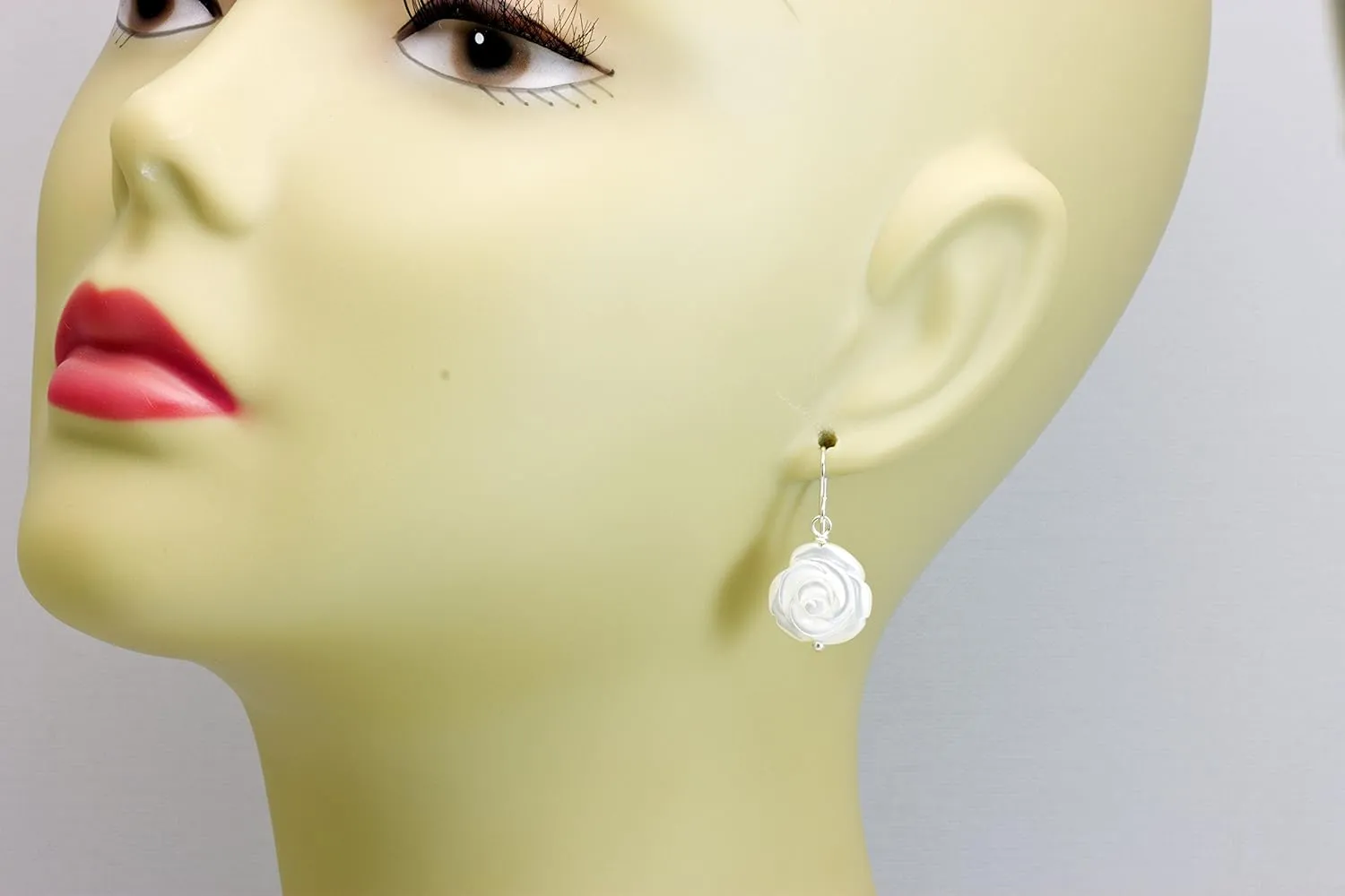 White Mother of Pearl Earrings Carved Rose Flower MOP Dangle Drops Simple Dangles