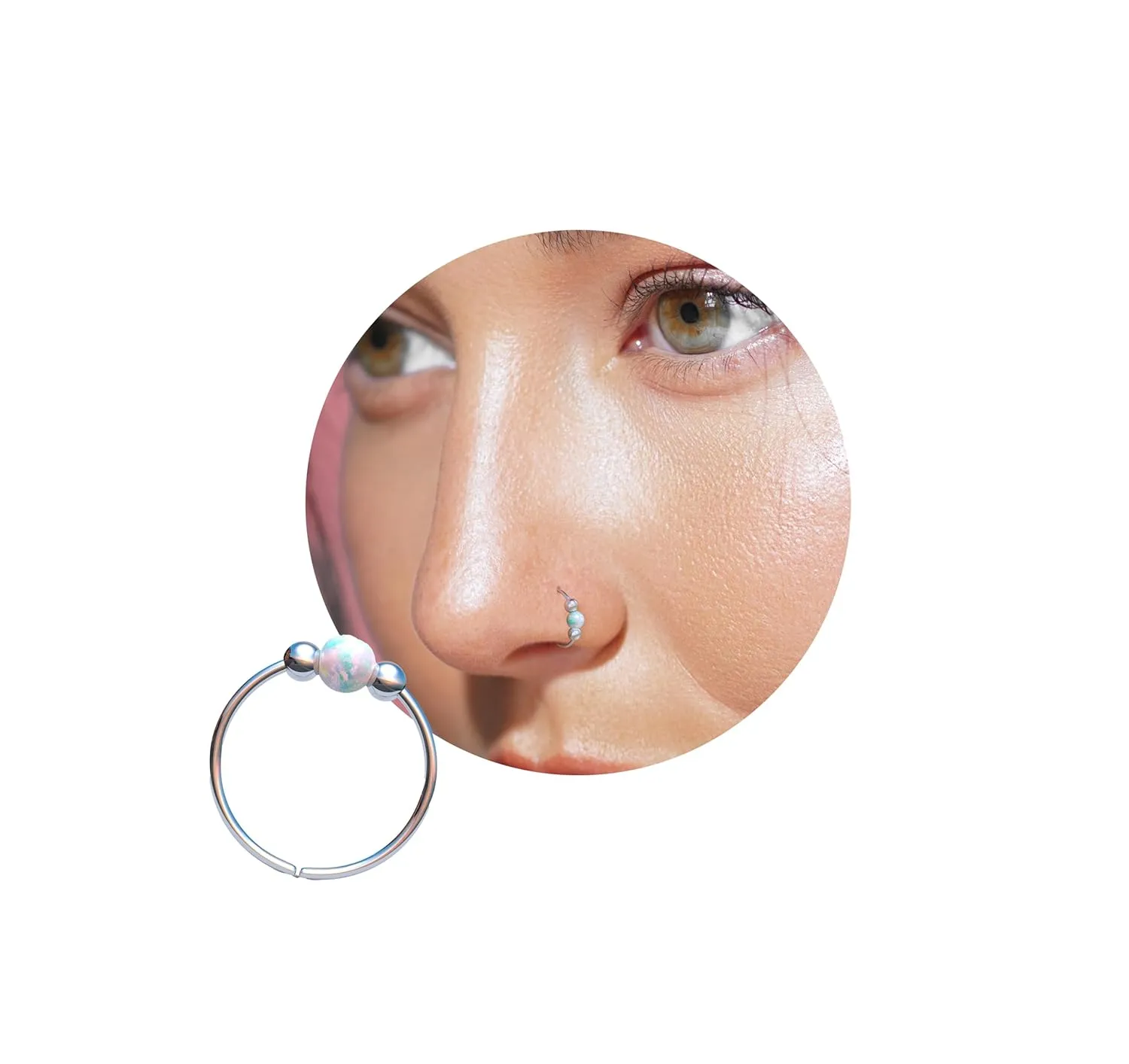 White Opal Silver Nose Ring 925 Sterling Silver Nostril Hoop With A Beautiful 3MM Gemstone Ball Handmade Beaded Nostril Piercing