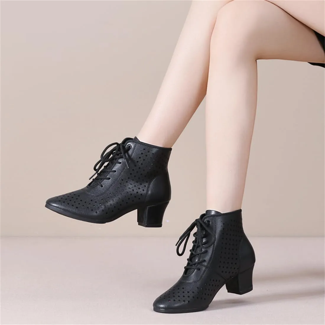 Women Ballroom Dance Shoes, Lace Up Performence Practice Dance Shoes Fashion High Top Jazz Boots