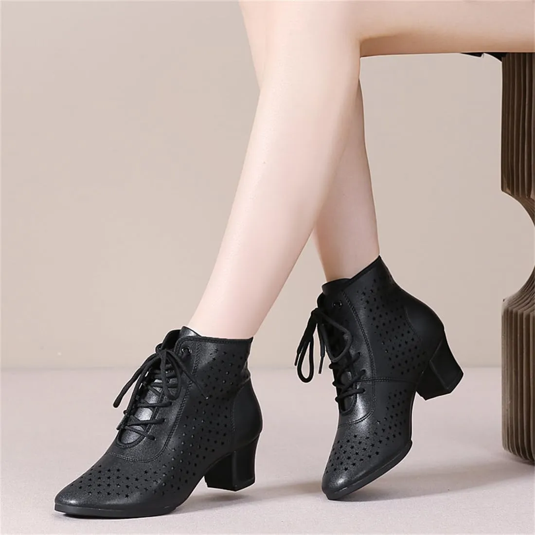 Women Ballroom Dance Shoes, Lace Up Performence Practice Dance Shoes Fashion High Top Jazz Boots