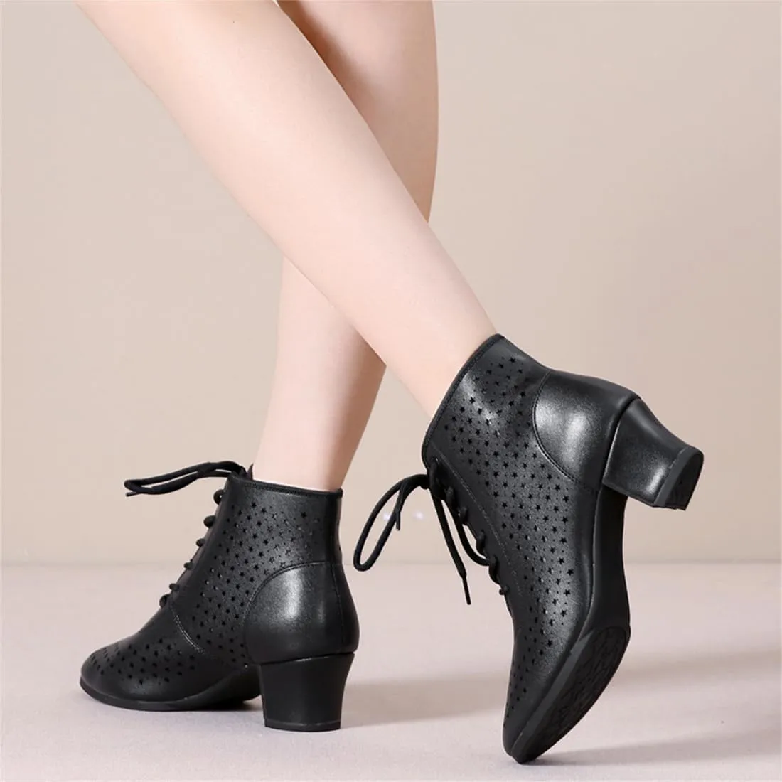 Women Ballroom Dance Shoes, Lace Up Performence Practice Dance Shoes Fashion High Top Jazz Boots