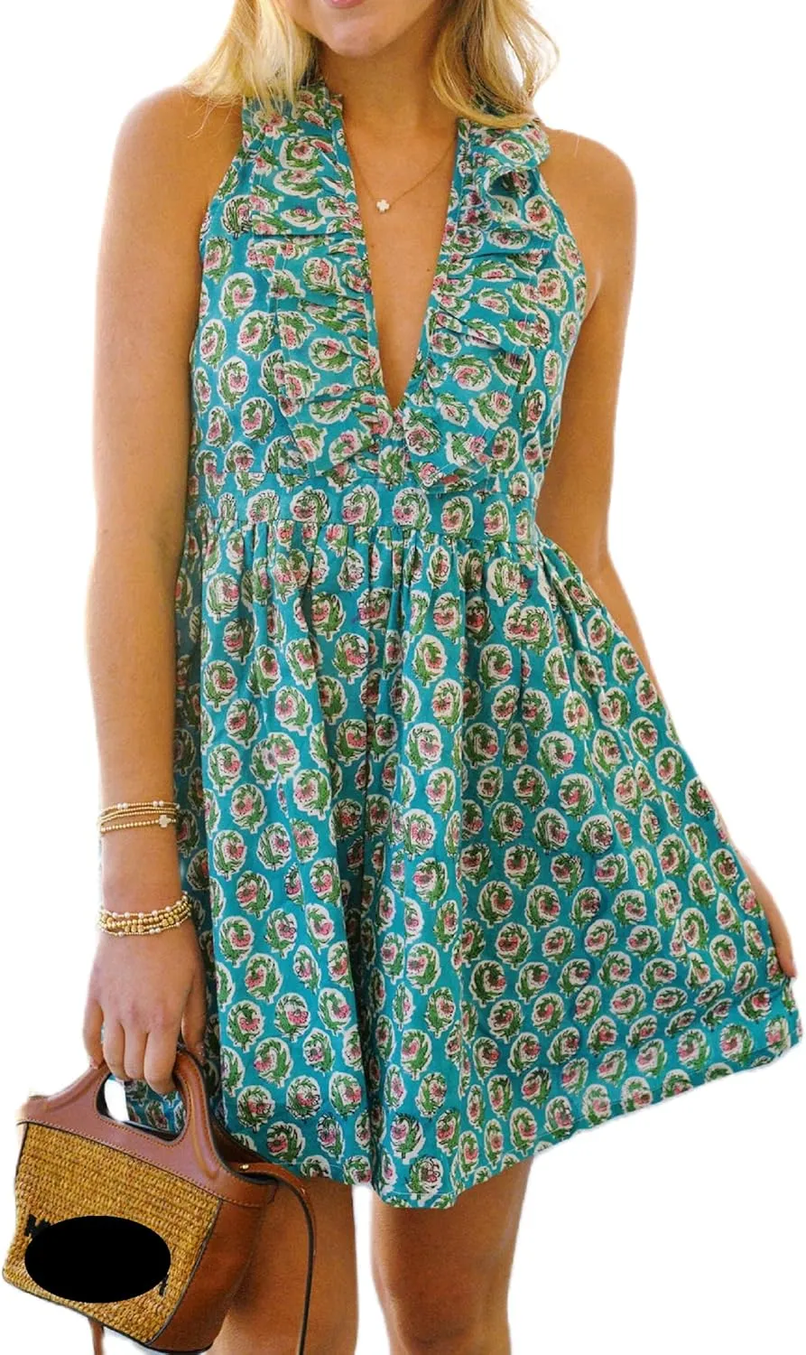 Women Boho Frill Halter Neck Mini Dress Backless V Neck Ruffle Hem Short Dresses Sleeveless Floral Summer Beach Dress