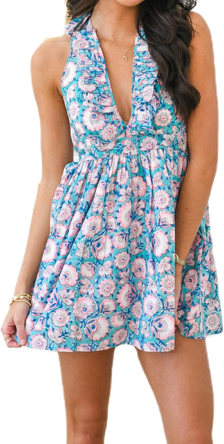 Women Boho Frill Halter Neck Mini Dress Backless V Neck Ruffle Hem Short Dresses Sleeveless Floral Summer Beach Dress