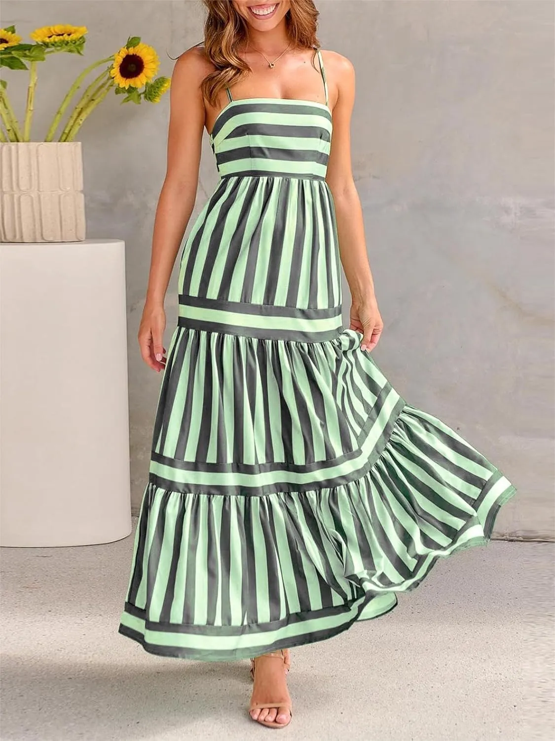 Women Cute Print Maxi Cami Dress Loose Sleeveless Spaghetti Summer Holiday Beach Smocked Sundress