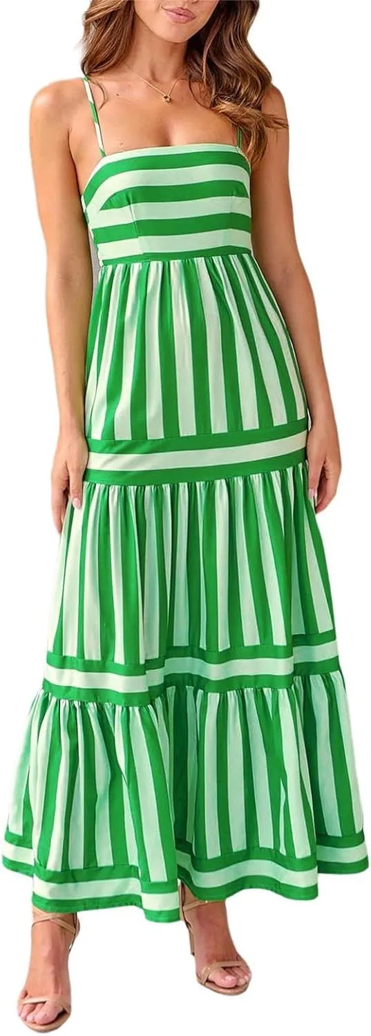 Women Cute Print Maxi Cami Dress Loose Sleeveless Spaghetti Summer Holiday Beach Smocked Sundress