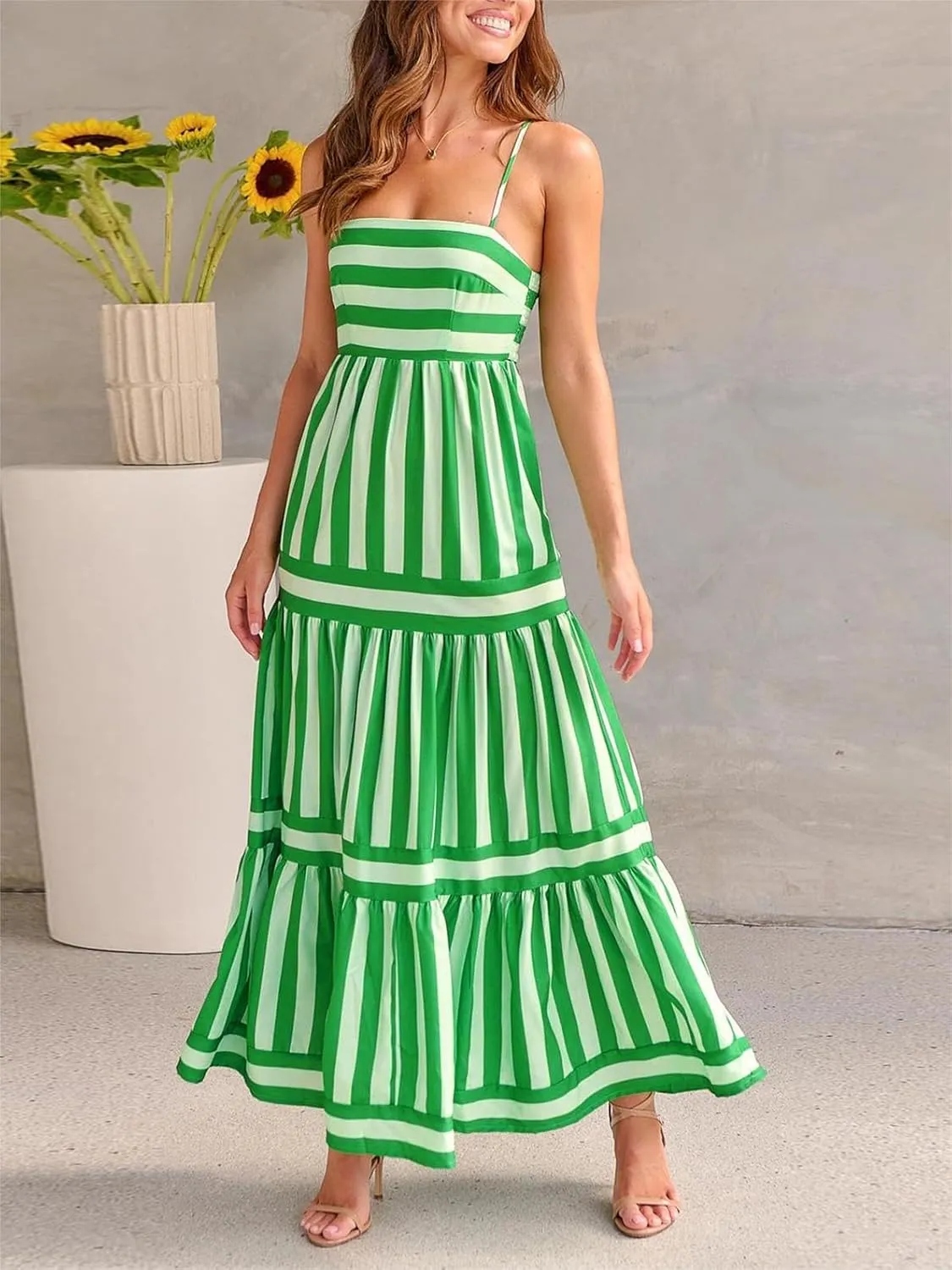 Women Cute Print Maxi Cami Dress Loose Sleeveless Spaghetti Summer Holiday Beach Smocked Sundress