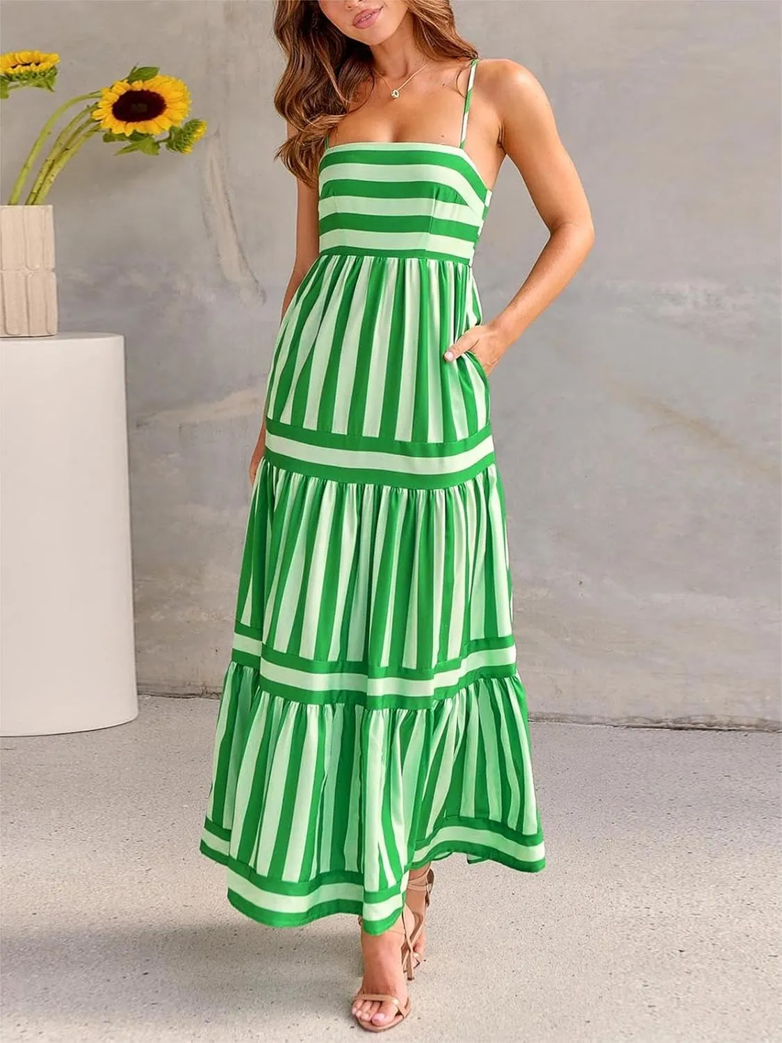 Women Cute Print Maxi Cami Dress Loose Sleeveless Spaghetti Summer Holiday Beach Smocked Sundress