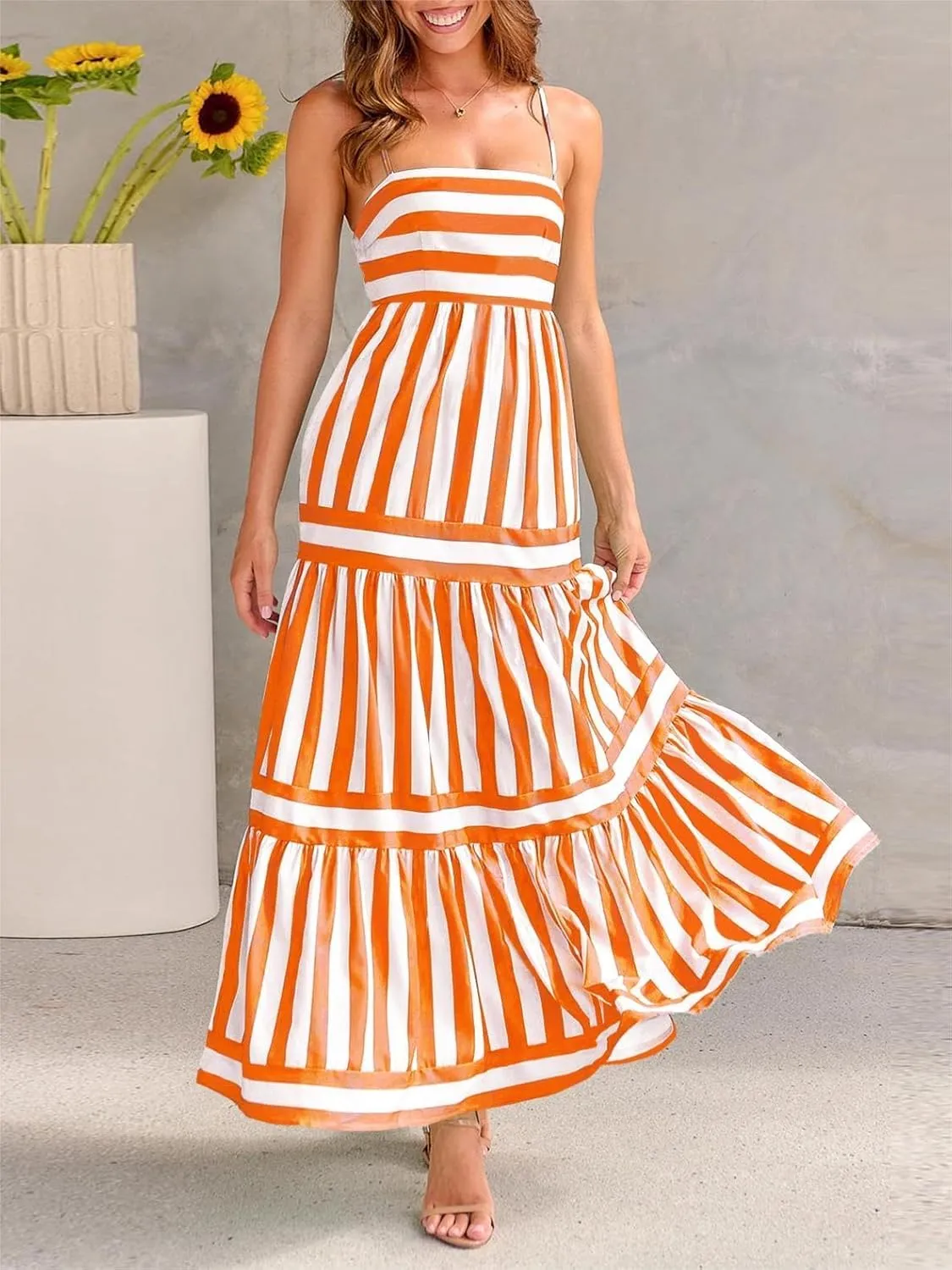 Women Cute Print Maxi Cami Dress Loose Sleeveless Spaghetti Summer Holiday Beach Smocked Sundress