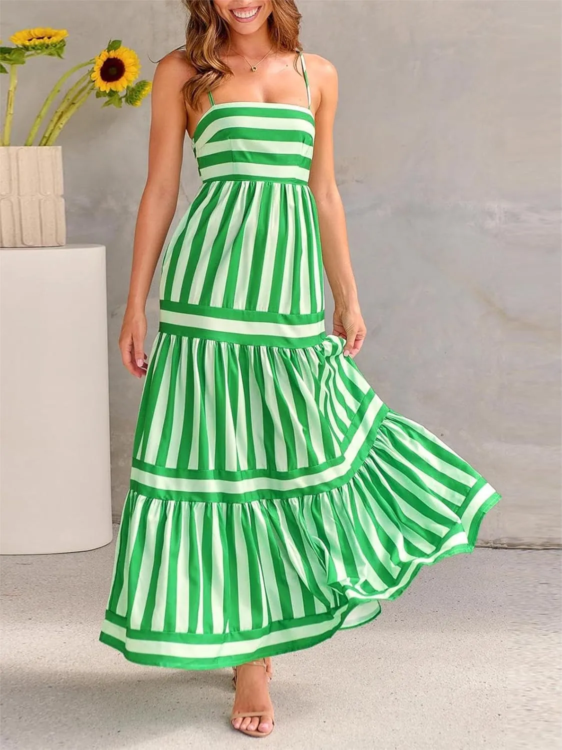 Women Cute Print Maxi Cami Dress Loose Sleeveless Spaghetti Summer Holiday Beach Smocked Sundress