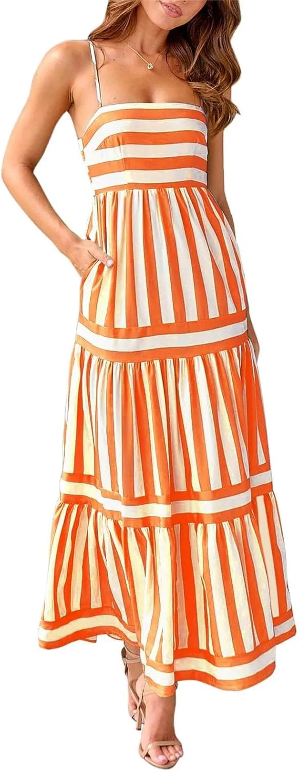 Women Cute Print Maxi Cami Dress Loose Sleeveless Spaghetti Summer Holiday Beach Smocked Sundress