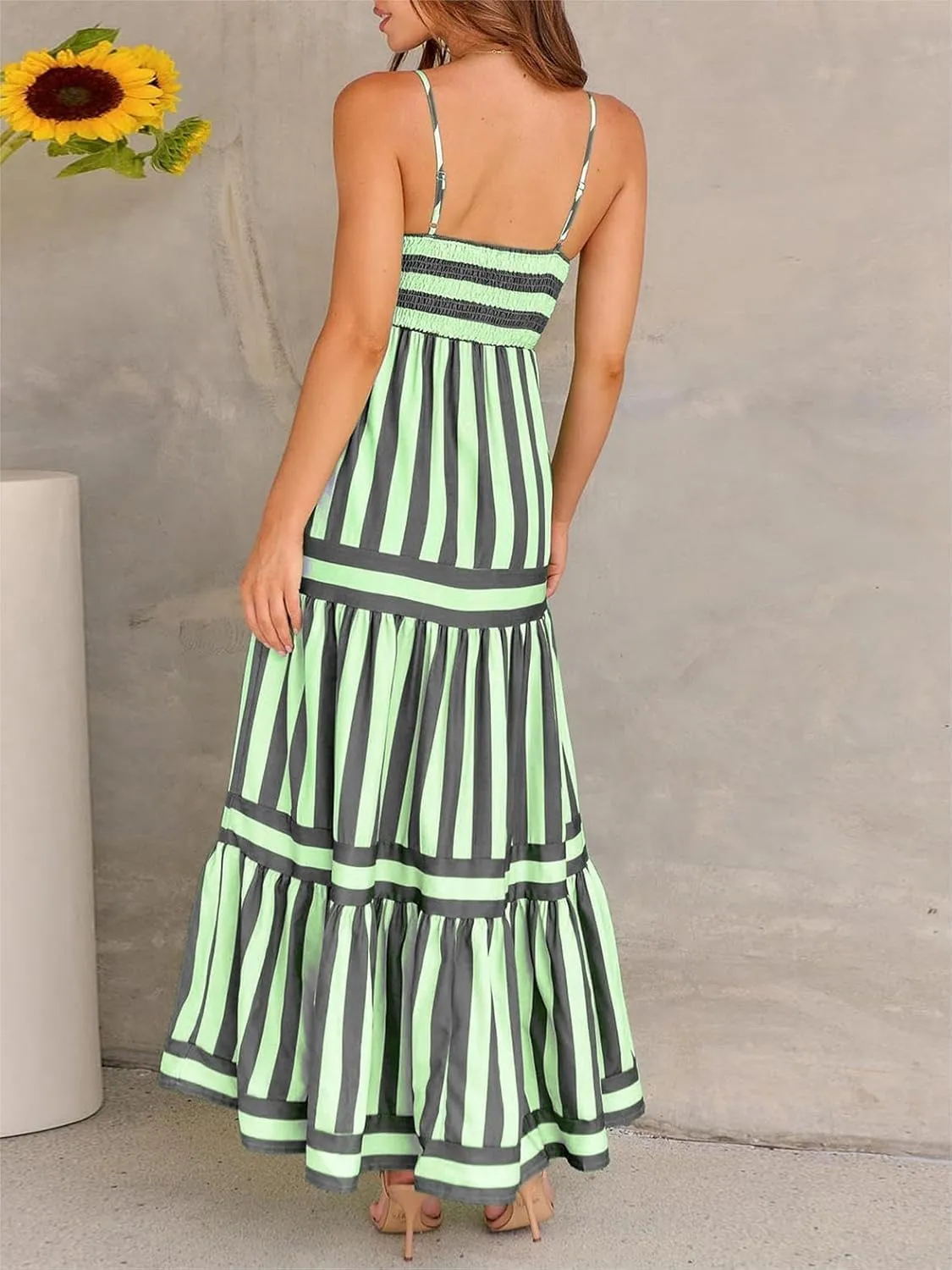 Women Cute Print Maxi Cami Dress Loose Sleeveless Spaghetti Summer Holiday Beach Smocked Sundress