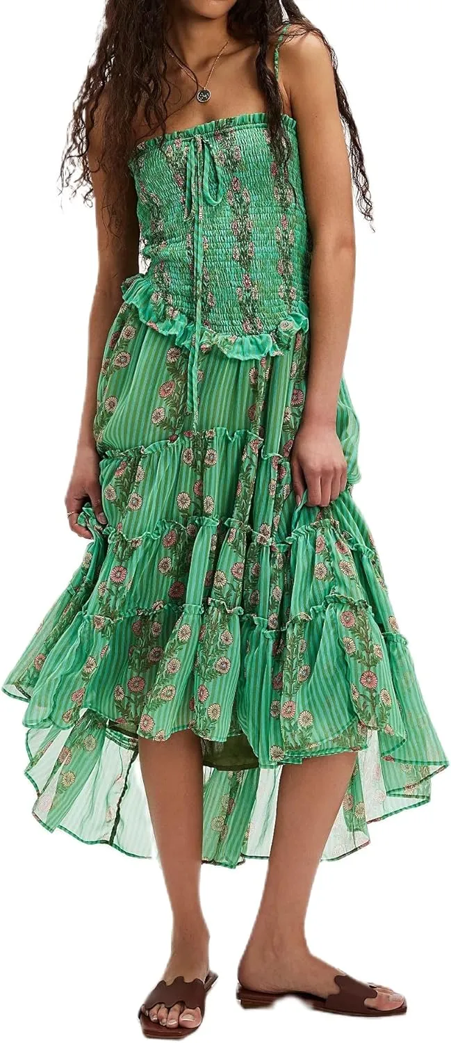 Women Floral Spaghetti Strap Maxi Dress Sleeveless Tiered Ruffle Long Flowy Dresses Backless Holiday Beach Sundress