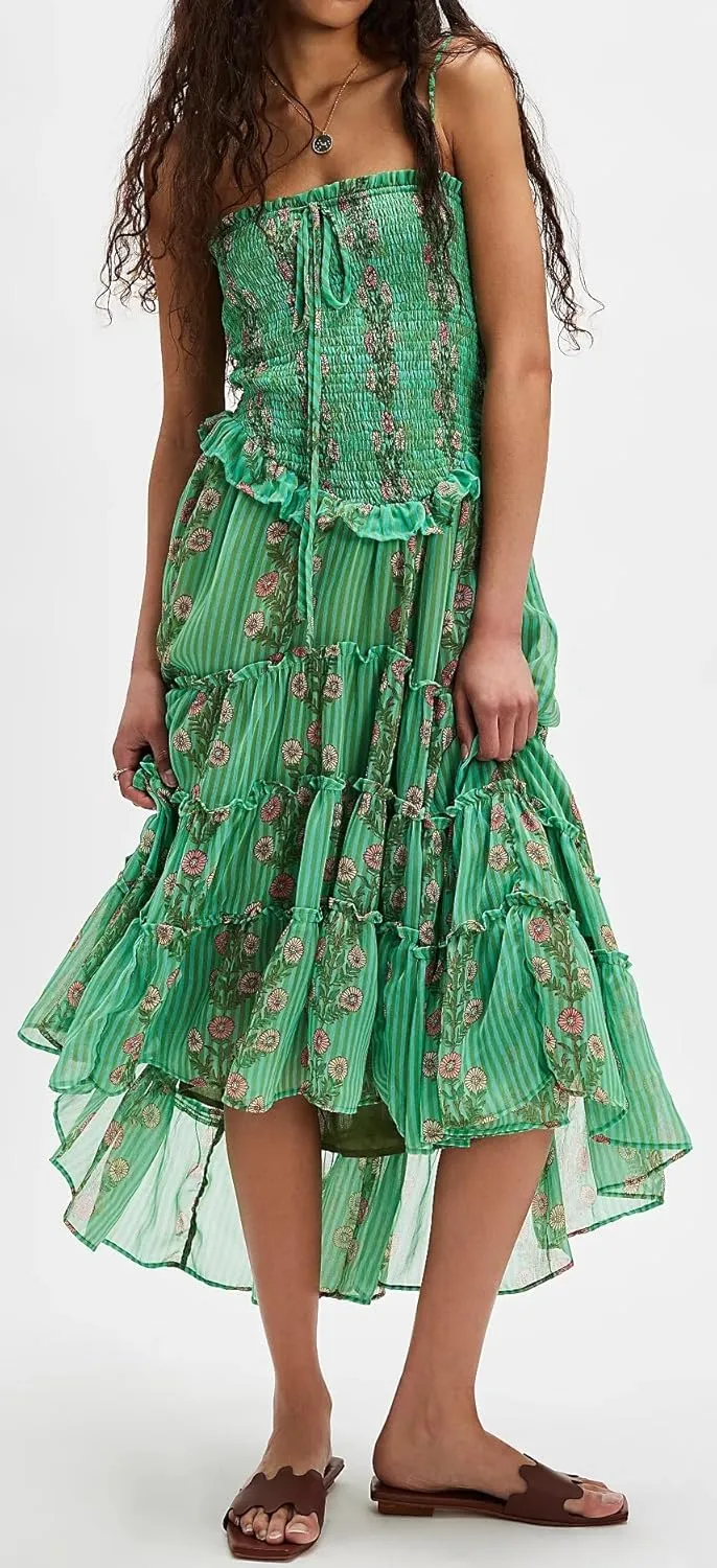 Women Floral Spaghetti Strap Maxi Dress Sleeveless Tiered Ruffle Long Flowy Dresses Backless Holiday Beach Sundress