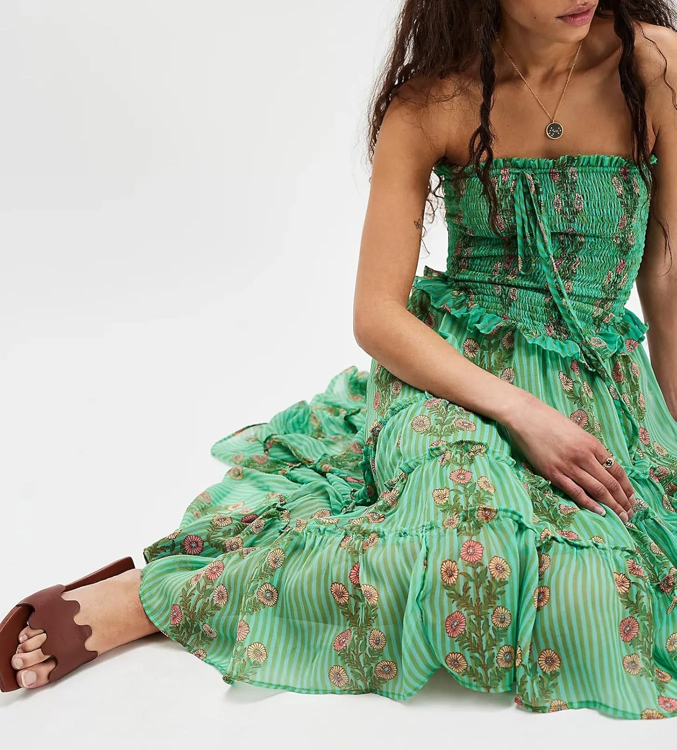 Women Floral Spaghetti Strap Maxi Dress Sleeveless Tiered Ruffle Long Flowy Dresses Backless Holiday Beach Sundress