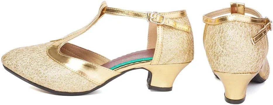 Women Glitter Latin Dance Shoes with T-Strap Ballroom Performance Closed Toe Dancing Shoes,Model DY-309