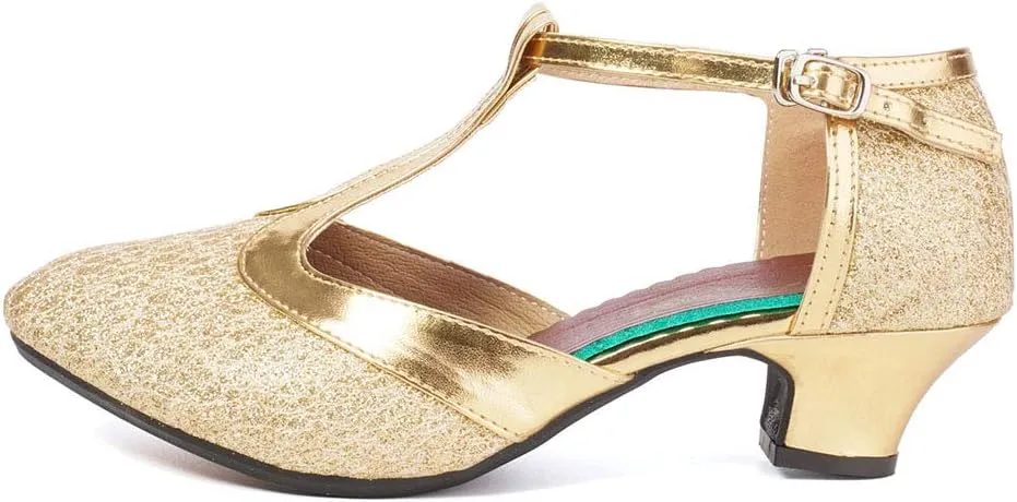 Women Glitter Latin Dance Shoes with T-Strap Ballroom Performance Closed Toe Dancing Shoes,Model DY-309