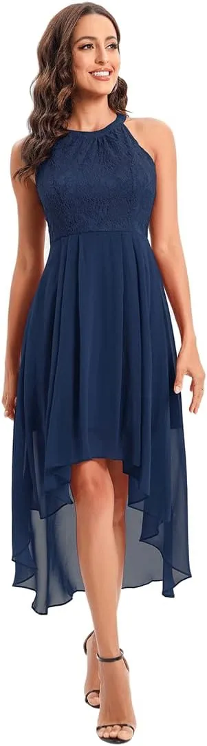 Women Halter Neck High Low Cocktail Skater Dress Vintage Floral Lace Chiffon Bridesmaid Dress Hi Lo Wedding Swing Party Dress