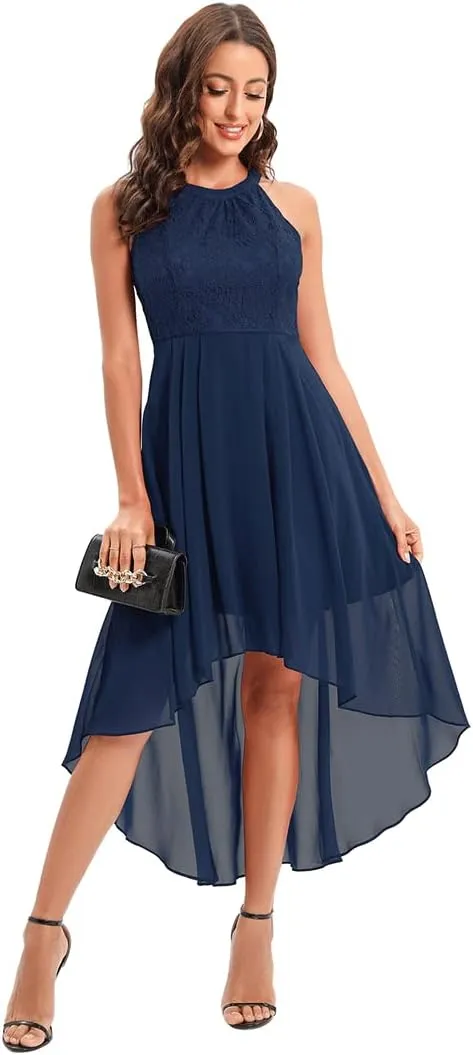 Women Halter Neck High Low Cocktail Skater Dress Vintage Floral Lace Chiffon Bridesmaid Dress Hi Lo Wedding Swing Party Dress