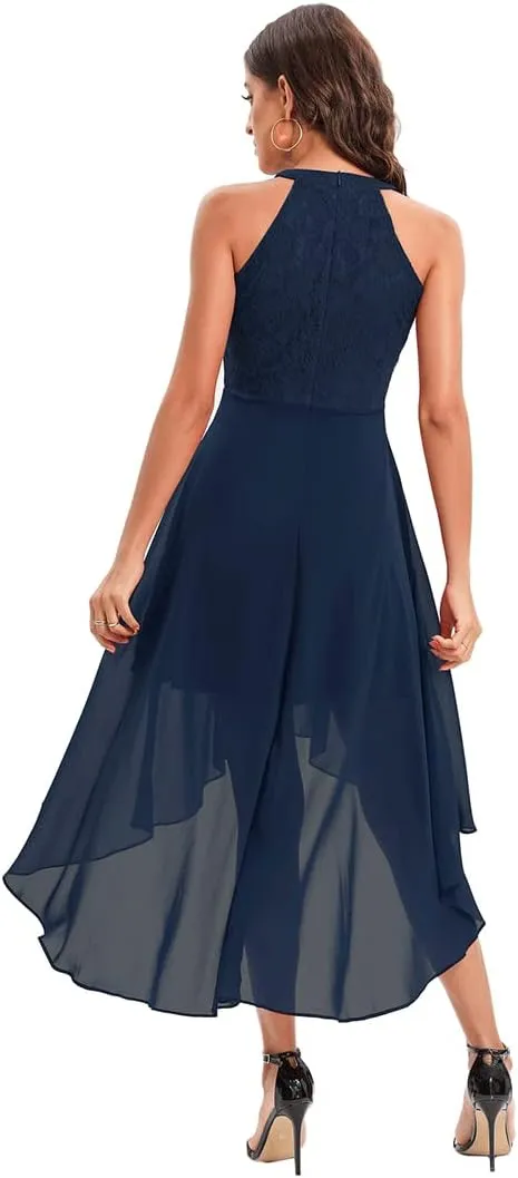 Women Halter Neck High Low Cocktail Skater Dress Vintage Floral Lace Chiffon Bridesmaid Dress Hi Lo Wedding Swing Party Dress