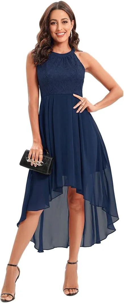 Women Halter Neck High Low Cocktail Skater Dress Vintage Floral Lace Chiffon Bridesmaid Dress Hi Lo Wedding Swing Party Dress