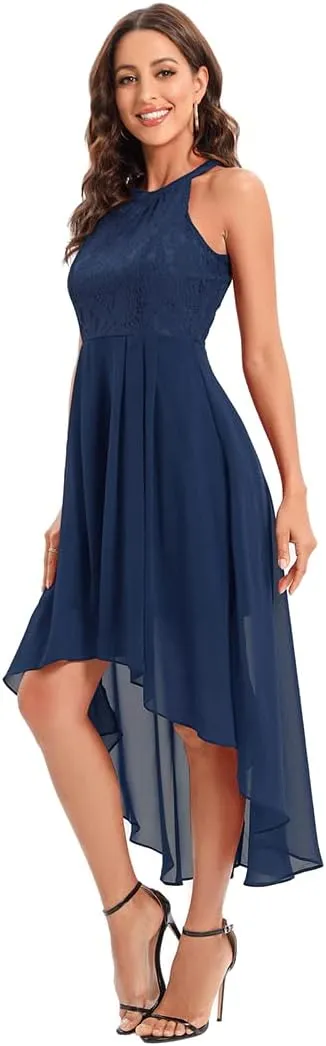 Women Halter Neck High Low Cocktail Skater Dress Vintage Floral Lace Chiffon Bridesmaid Dress Hi Lo Wedding Swing Party Dress