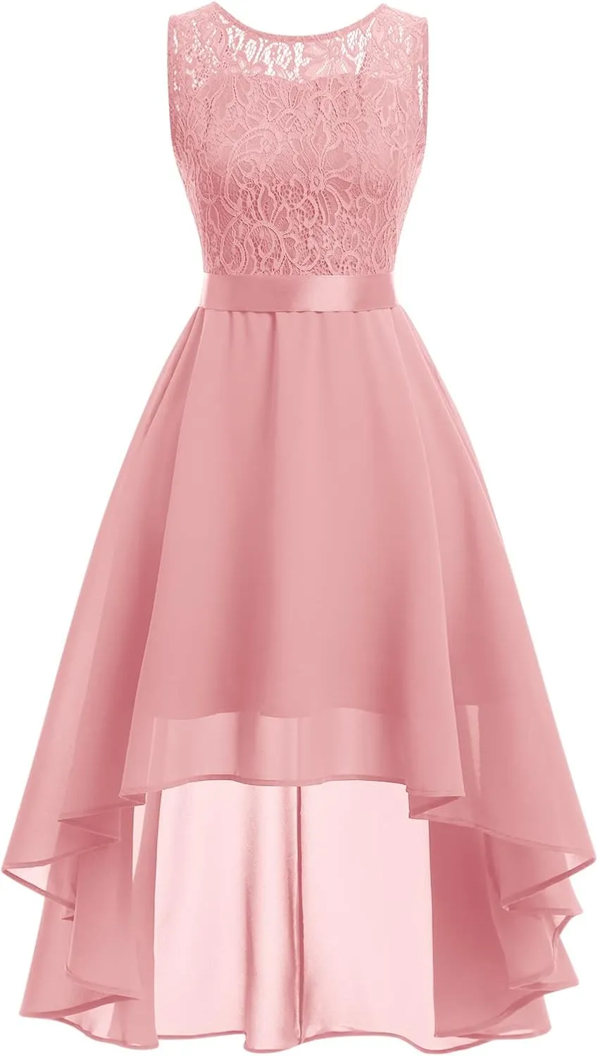 Women Halter Neck High Low Cocktail Skater Dress Vintage Floral Lace Chiffon Bridesmaid Dress Hi Lo Wedding Swing Party Dress