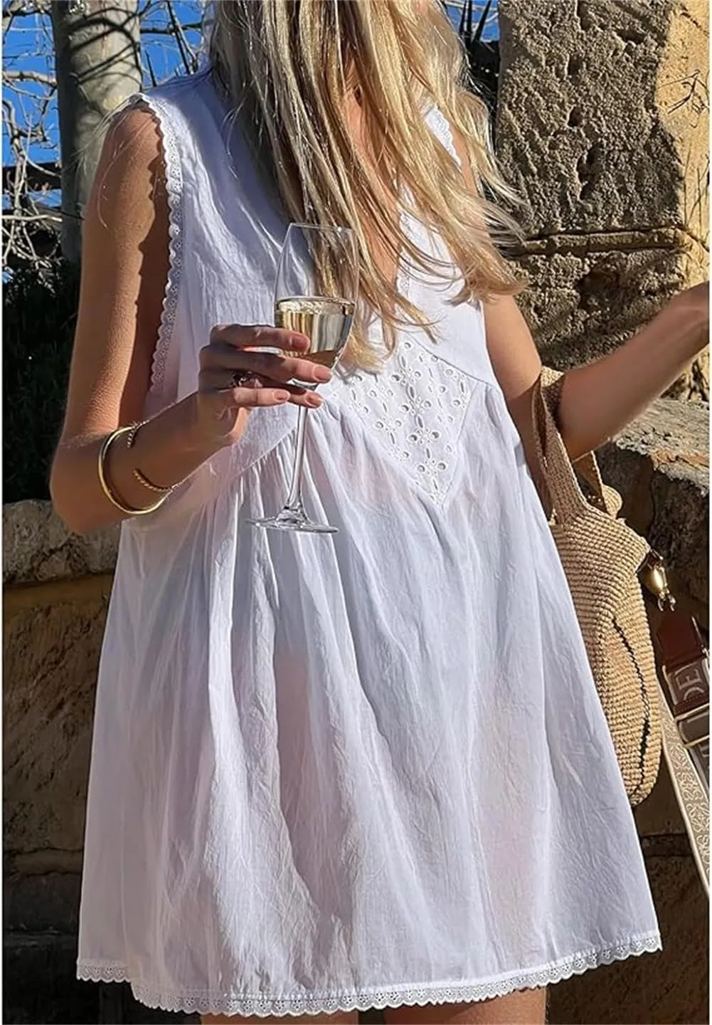 Women Hollow Out Babydoll Mini Dress Sleeveless Aline Vacation Beach Boho Sundress Going Out Y2k Ruffle Dress