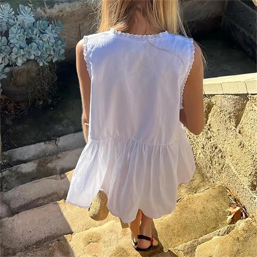 Women Hollow Out Babydoll Mini Dress Sleeveless Aline Vacation Beach Boho Sundress Going Out Y2k Ruffle Dress