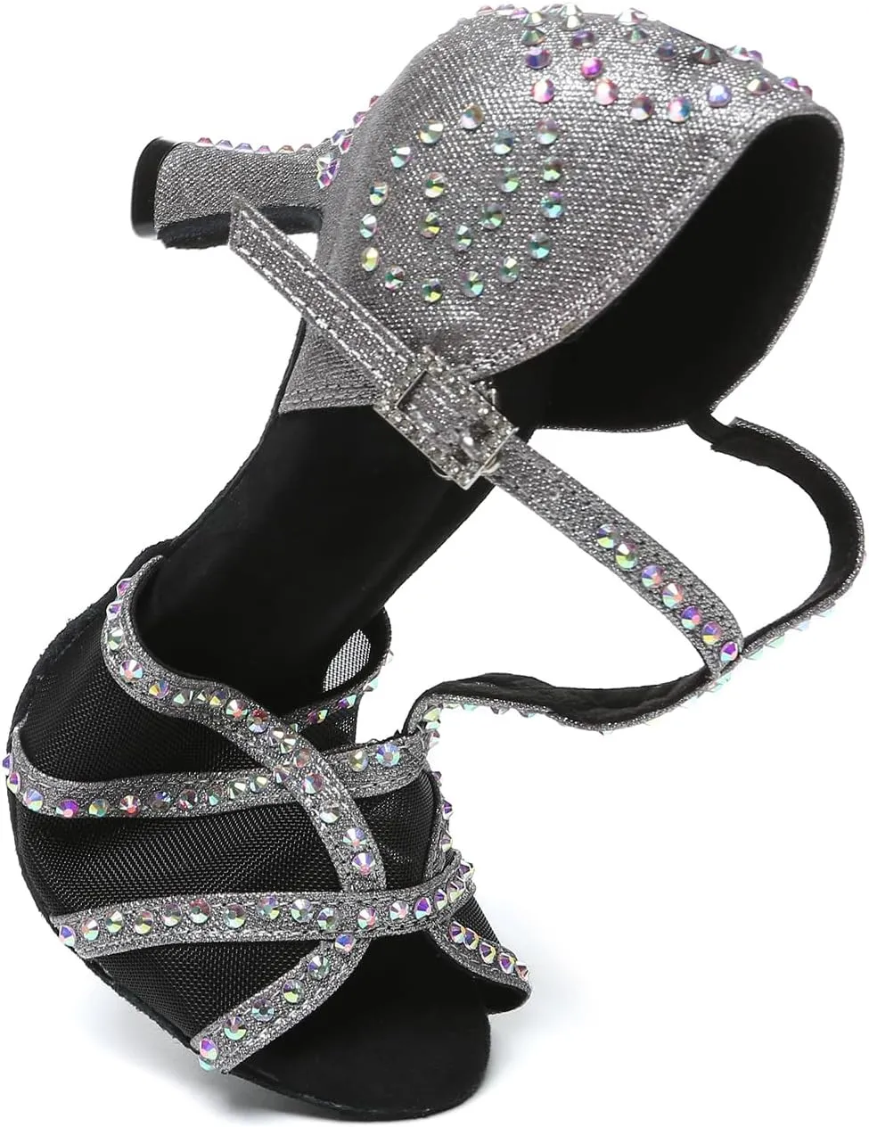 Women Latin Dance Shoes Rhinestones Open Toe Salsa Bachata Ballroom Performance Dancing Shoes,Model YCL641-Suede Sole-3.33heel