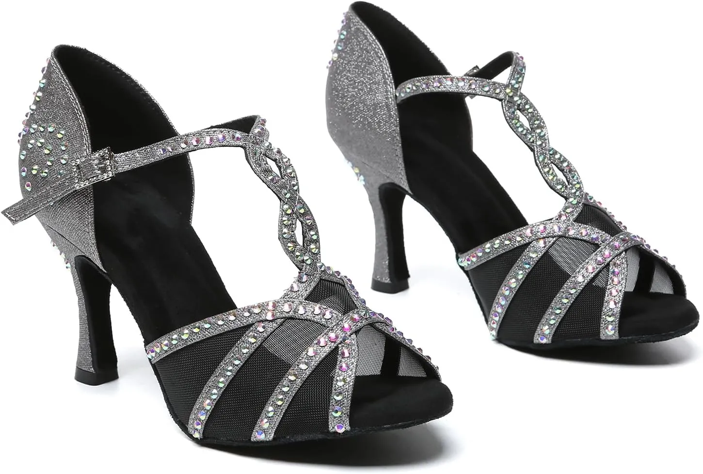 Women Latin Dance Shoes Rhinestones Open Toe Salsa Bachata Ballroom Performance Dancing Shoes,Model YCL641-Suede Sole-3.33heel