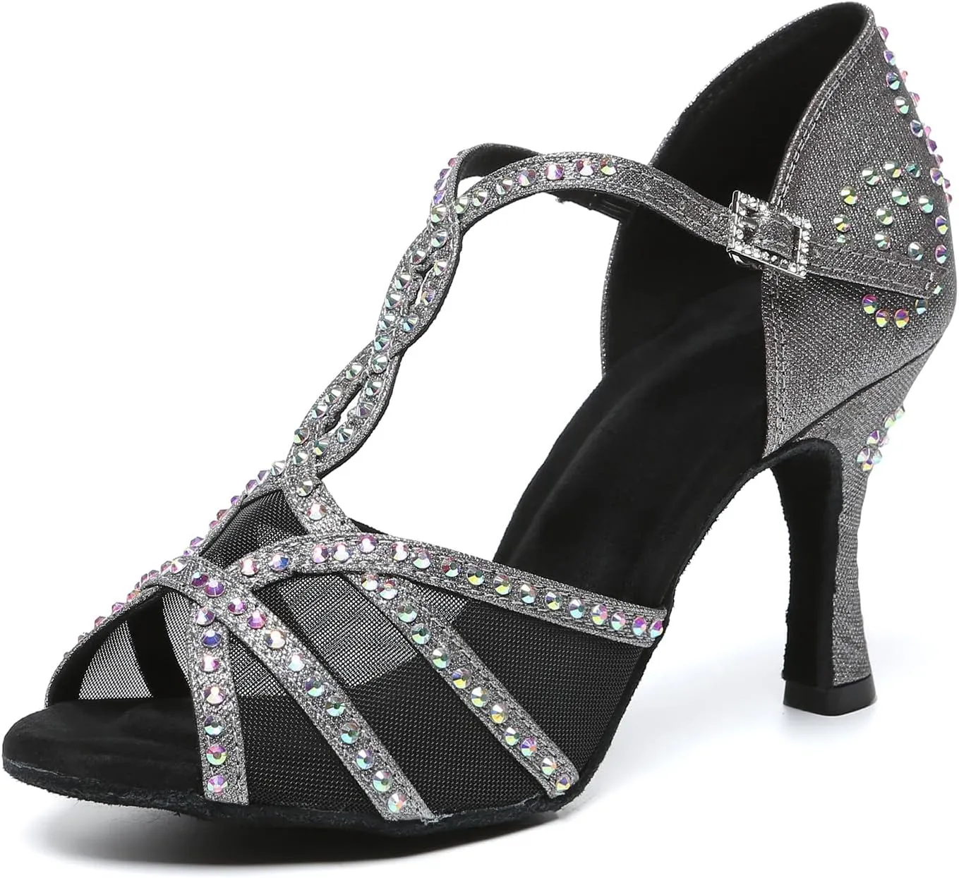 Women Latin Dance Shoes Rhinestones Open Toe Salsa Bachata Ballroom Performance Dancing Shoes,Model YCL641-Suede Sole-3.33heel