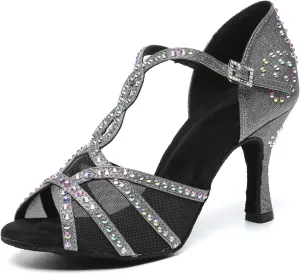 Women Latin Dance Shoes Rhinestones Open Toe Salsa Bachata Ballroom Performance Dancing Shoes,Model YCL641-Suede Sole-3.33heel