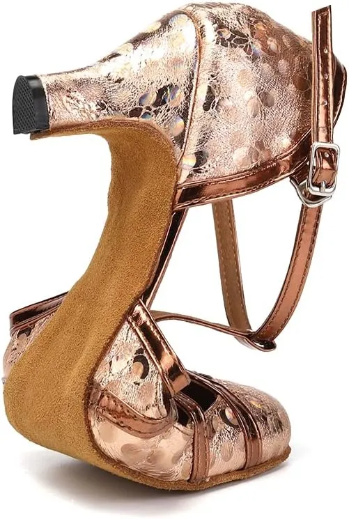 Women PU Ballroom Dancing Shoes Close Toe Latin Salsa Waltz Tango Dance Shoes with T Straps