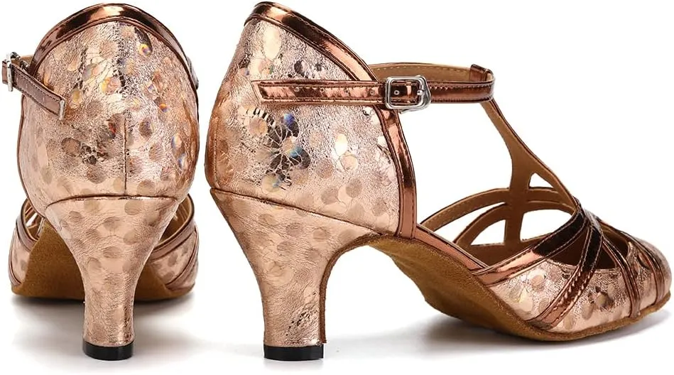 Women PU Ballroom Dancing Shoes Close Toe Latin Salsa Waltz Tango Dance Shoes with T Straps