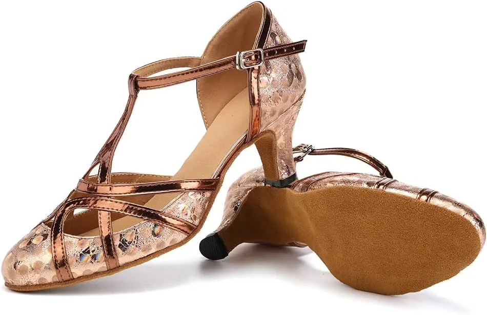 Women PU Ballroom Dancing Shoes Close Toe Latin Salsa Waltz Tango Dance Shoes with T Straps