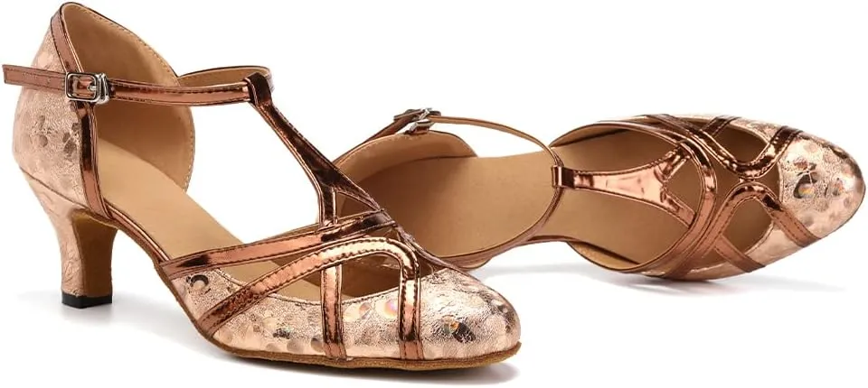 Women PU Ballroom Dancing Shoes Close Toe Latin Salsa Waltz Tango Dance Shoes with T Straps